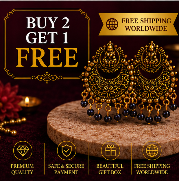 Antique Gold Lakshmi Temple Chandbali Earrings with Black Bead Drops