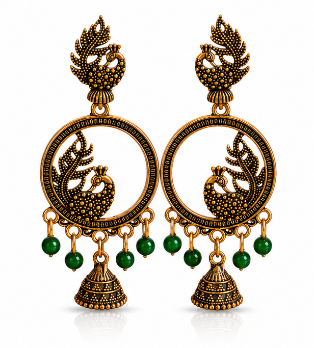 Temple Lakshmi Antique Gold Hoop Earrings with Maroon Beads