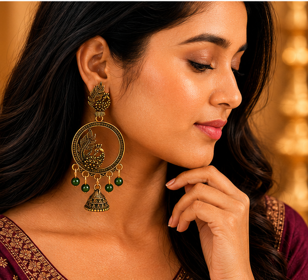 Temple Lakshmi Antique Gold Hoop Earrings with Maroon Beads
