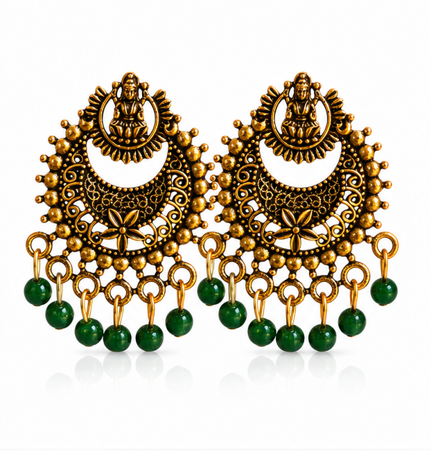 Antique Gold Lakshmi Temple Chandbali Earrings with Green Bead Drops