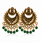 Antique Gold Lakshmi Temple Chandbali Earrings with Green Bead Drops