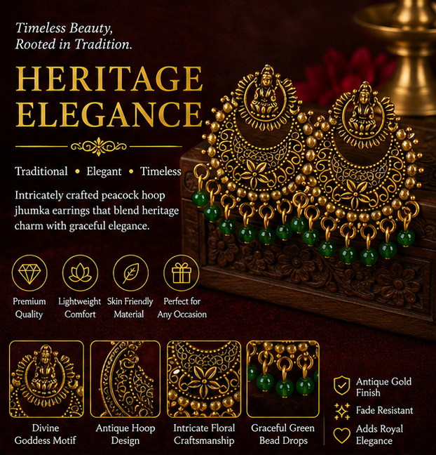 Antique Gold Lakshmi Temple Chandbali Earrings with Green Bead Drops