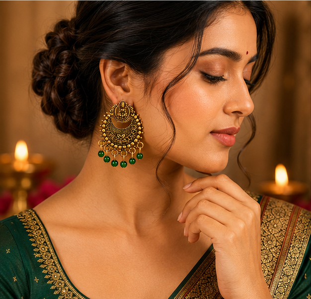 Antique Gold Lakshmi Temple Chandbali Earrings with Green Bead Drops