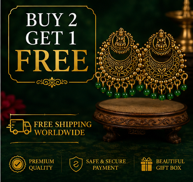 Antique Gold Lakshmi Temple Chandbali Earrings with Green Bead Drops