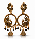 Antique Gold Peacock Hoop Dangler Earrings with Black Beads & Mini Jhumka