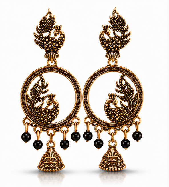 Antique Gold Peacock Hoop Dangler Earrings with Black Beads & Mini Jhumka