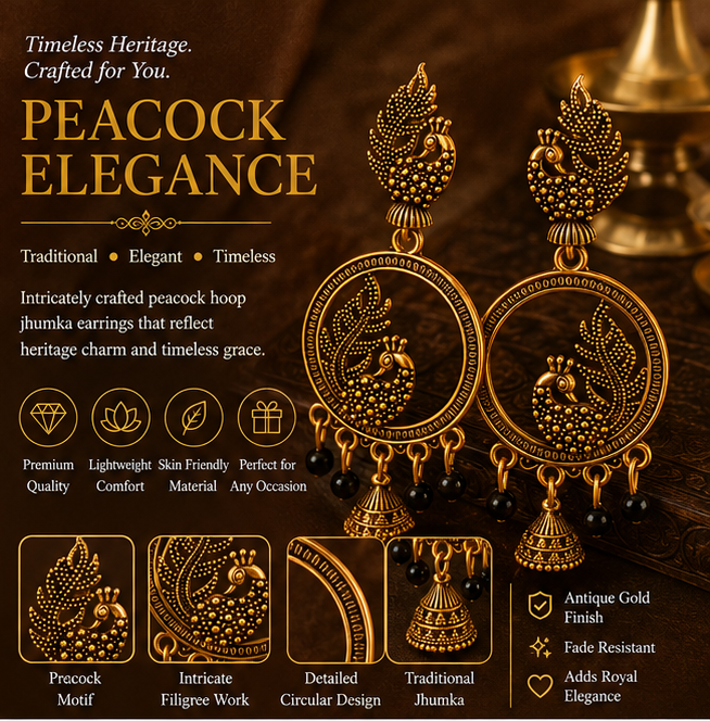Antique Gold Peacock Hoop Dangler Earrings with Black Beads & Mini Jhumka