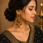 Antique Gold Peacock Hoop Dangler Earrings with Black Beads & Mini Jhumka