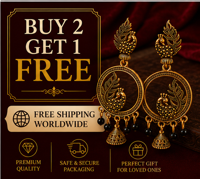 Antique Gold Peacock Hoop Dangler Earrings with Black Beads & Mini Jhumka