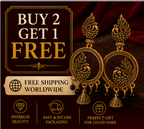 Antique Gold Peacock Hoop Dangler Earrings with Black Beads & Mini Jhumka