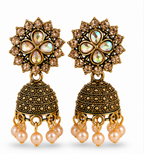 Antique Gold Floral AD Pearl Jhumka Earrings for Women