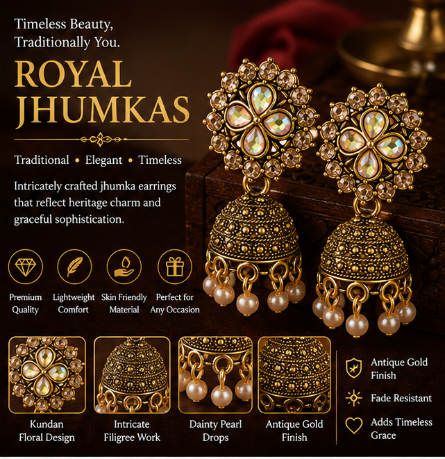 Antique Gold Floral AD Pearl Jhumka Earrings for Women