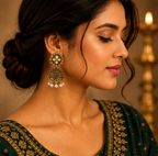 Antique Gold Floral AD Pearl Jhumka Earrings for Women