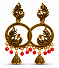 Peacock Antique Gold Hoop Jhumka Earrings with Green Beads