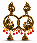 Peacock Antique Gold Hoop Jhumka Earrings with Green Beads
