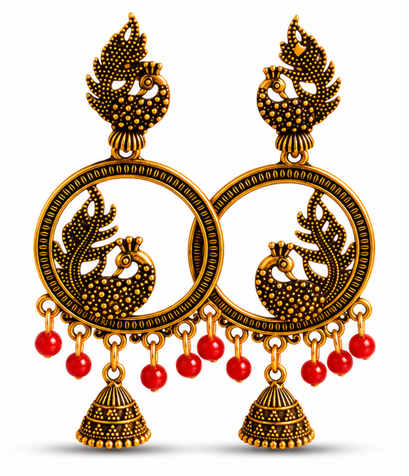 Peacock Antique Gold Hoop Jhumka Earrings with Green Beads