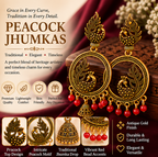 Peacock Antique Gold Hoop Jhumka Earrings with Green Beads