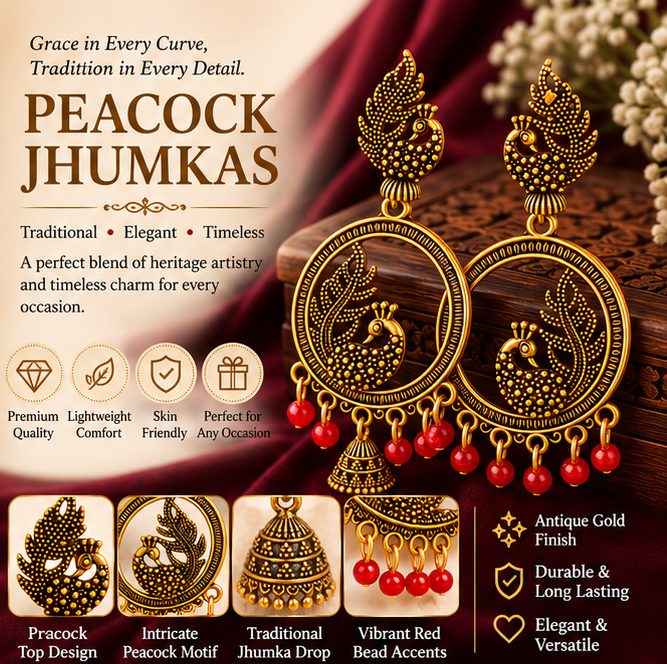 Peacock Antique Gold Hoop Jhumka Earrings with Green Beads