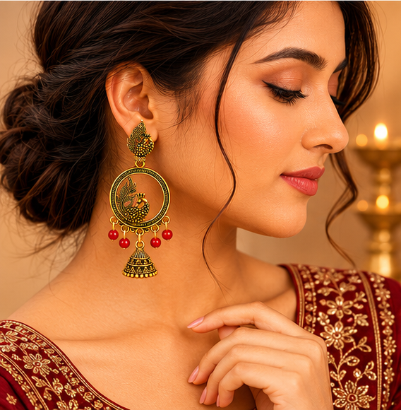 Peacock Antique Gold Hoop Jhumka Earrings with Green Beads