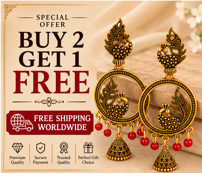 Peacock Antique Gold Hoop Jhumka Earrings with Green Beads