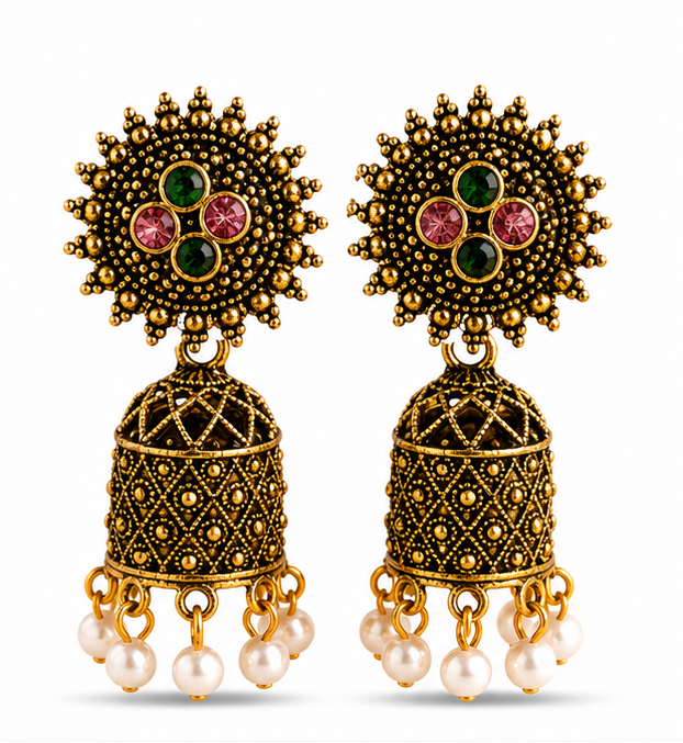 Antique Gold Floral Pearl Jhumka Earrings with Multicolor Stone Accents
