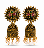 Antique Gold Floral Pearl Jhumka Earrings with Multicolor Stone Accents