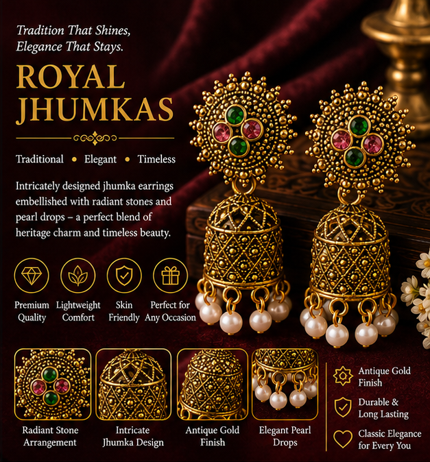 Antique Gold Floral Pearl Jhumka Earrings with Multicolor Stone Accents