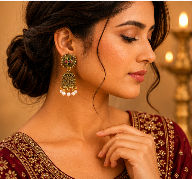 Antique Gold Floral Pearl Jhumka Earrings with Multicolor Stone Accents