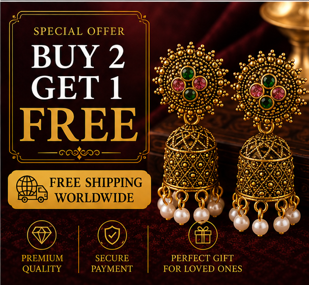 Antique Gold Floral Pearl Jhumka Earrings with Multicolor Stone Accents