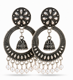 Oxidised Silver Floral Hoop Earrings with Mini Jhumka & Pearl Drops