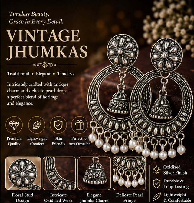 Oxidised Silver Floral Hoop Earrings with Mini Jhumka & Pearl Drops