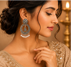 Oxidised Silver Floral Hoop Earrings with Mini Jhumka & Pearl Drops