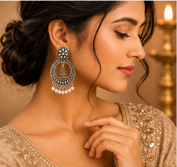 Oxidised Silver Floral Hoop Earrings with Mini Jhumka & Pearl Drops