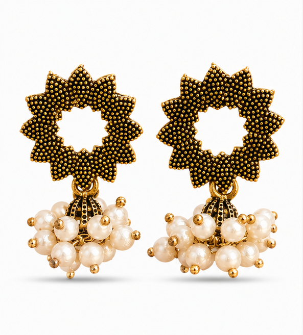 Antique Gold Sunflower Pearl Cluster Jhumka Earrings