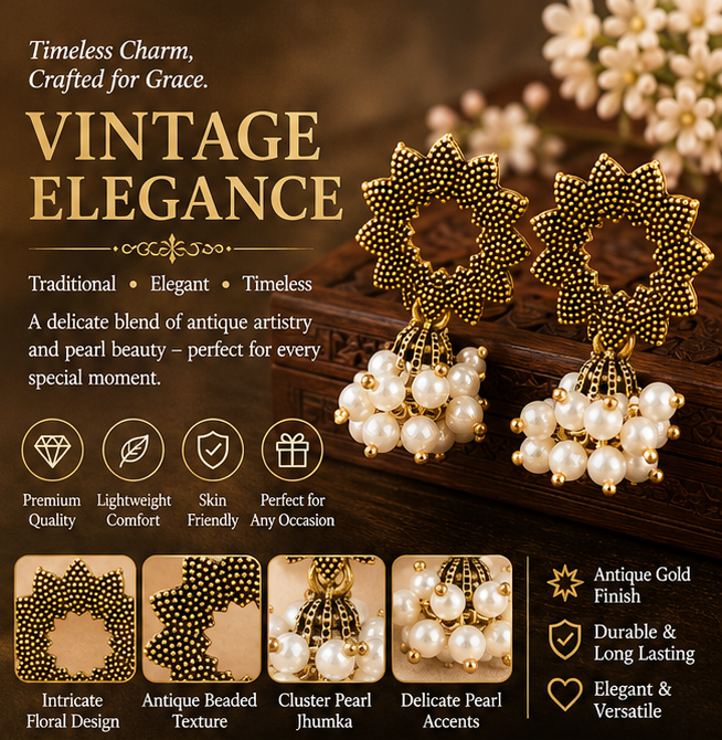 Antique Gold Sunflower Pearl Cluster Jhumka Earrings