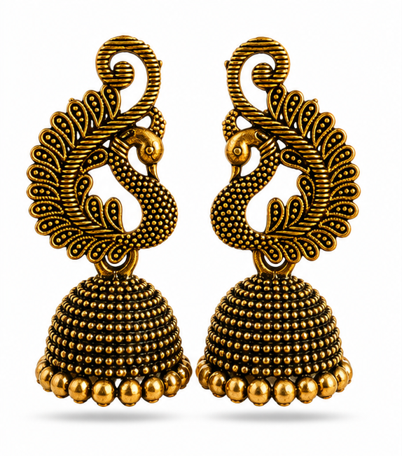 Antique Gold Peacock Jhumka Earrings – Traditional Statement Earrings