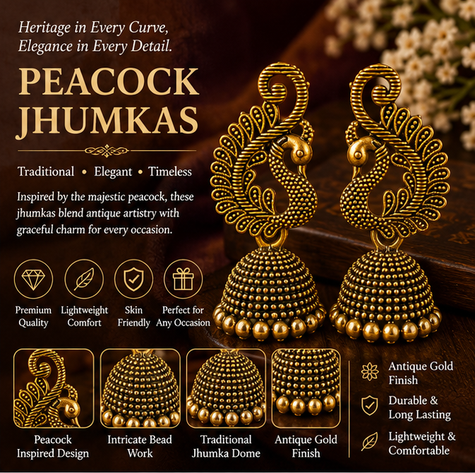 Antique Gold Peacock Jhumka Earrings – Traditional Statement Earrings