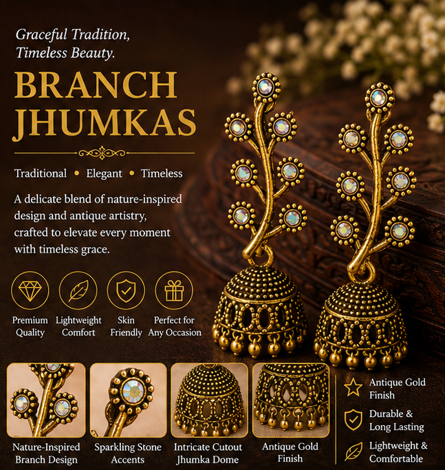Antique Gold Crystal Vine Jhumka Earrings for Women