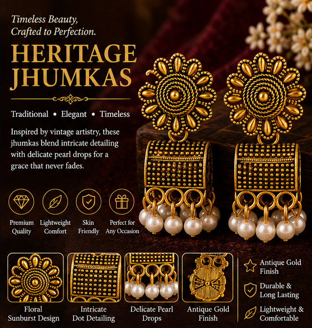 Antique Gold Floral Pearl Dangler Earrings – Traditional Ethnic Earrings