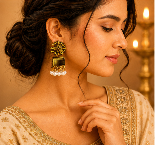 Antique Gold Floral Pearl Dangler Earrings – Traditional Ethnic Earrings