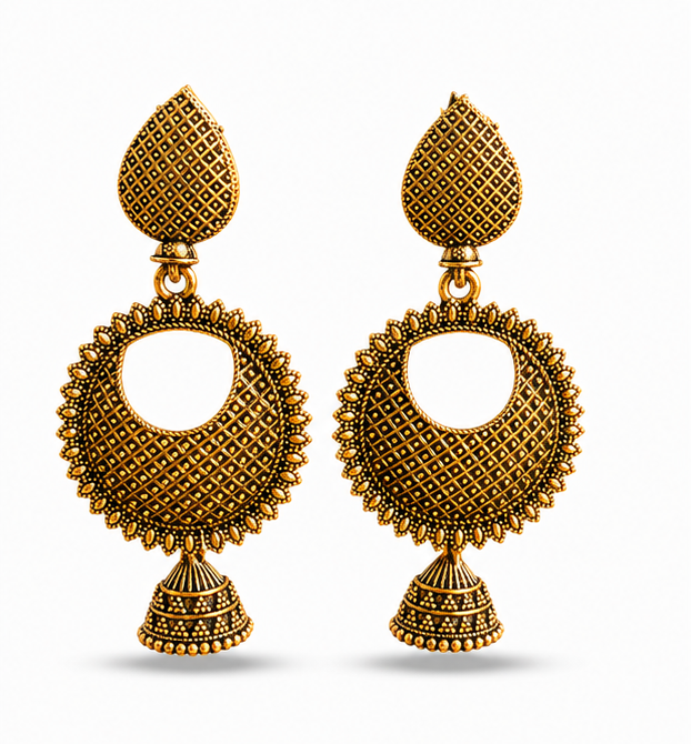 Antique Gold Textured Chandbali Earrings with Mini Jhumka