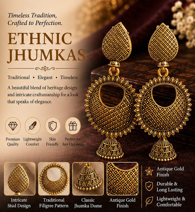 Antique Gold Textured Chandbali Earrings with Mini Jhumka