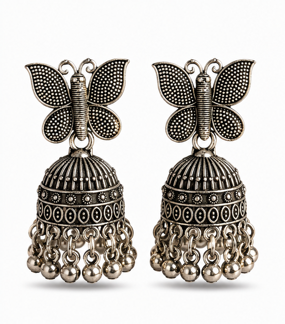 Oxidised Silver Butterfly Jhumka Earrings for Women