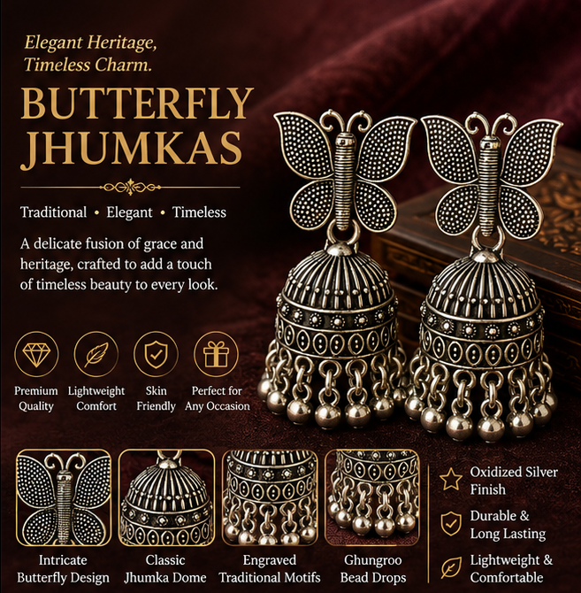 Oxidised Silver Butterfly Jhumka Earrings for Women
