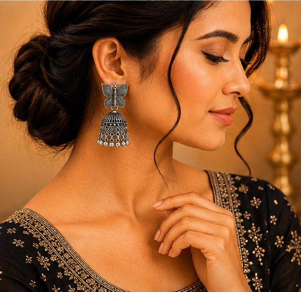 Oxidised Silver Butterfly Jhumka Earrings for Women