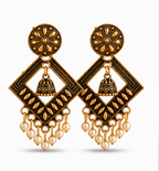 Antique Gold Geometric Pearl Dangler Earrings with Mini Jhumka