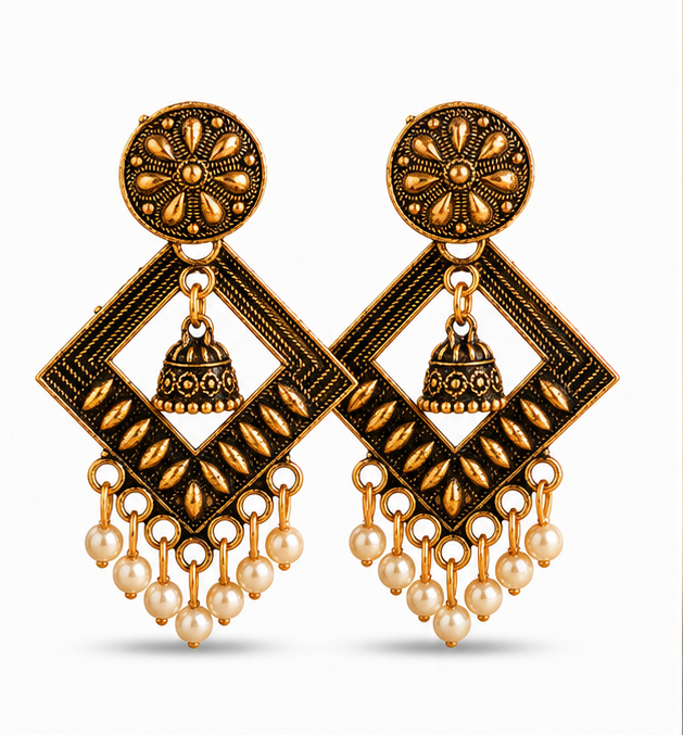 Antique Gold Geometric Pearl Dangler Earrings with Mini Jhumka