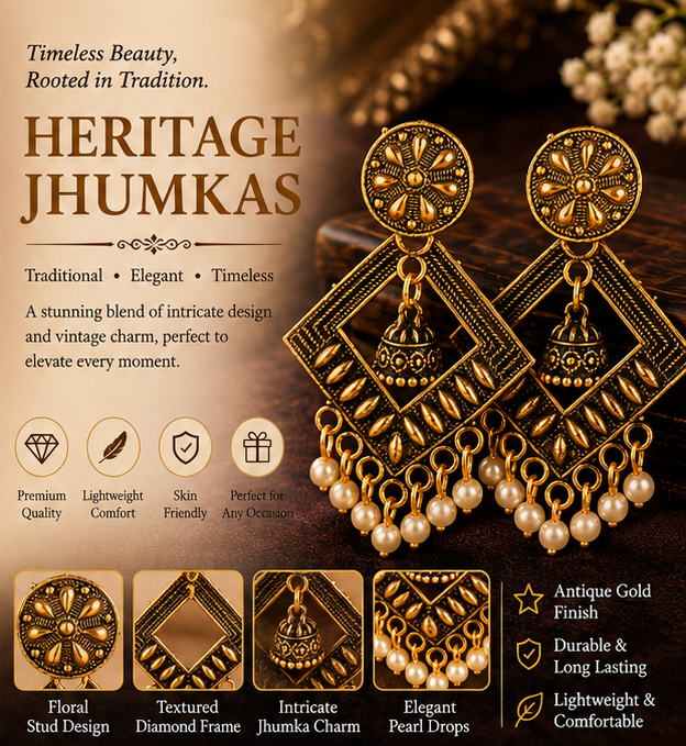 Antique Gold Geometric Pearl Dangler Earrings with Mini Jhumka