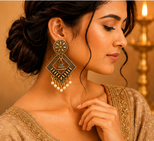 Antique Gold Geometric Pearl Dangler Earrings with Mini Jhumka