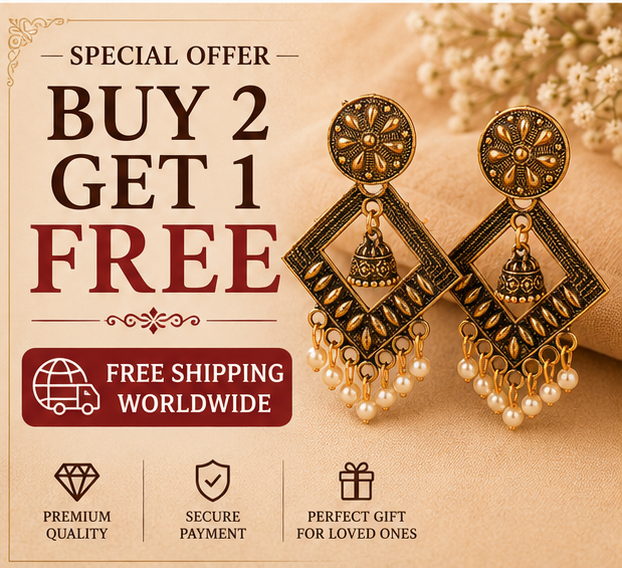 Antique Gold Geometric Pearl Dangler Earrings with Mini Jhumka